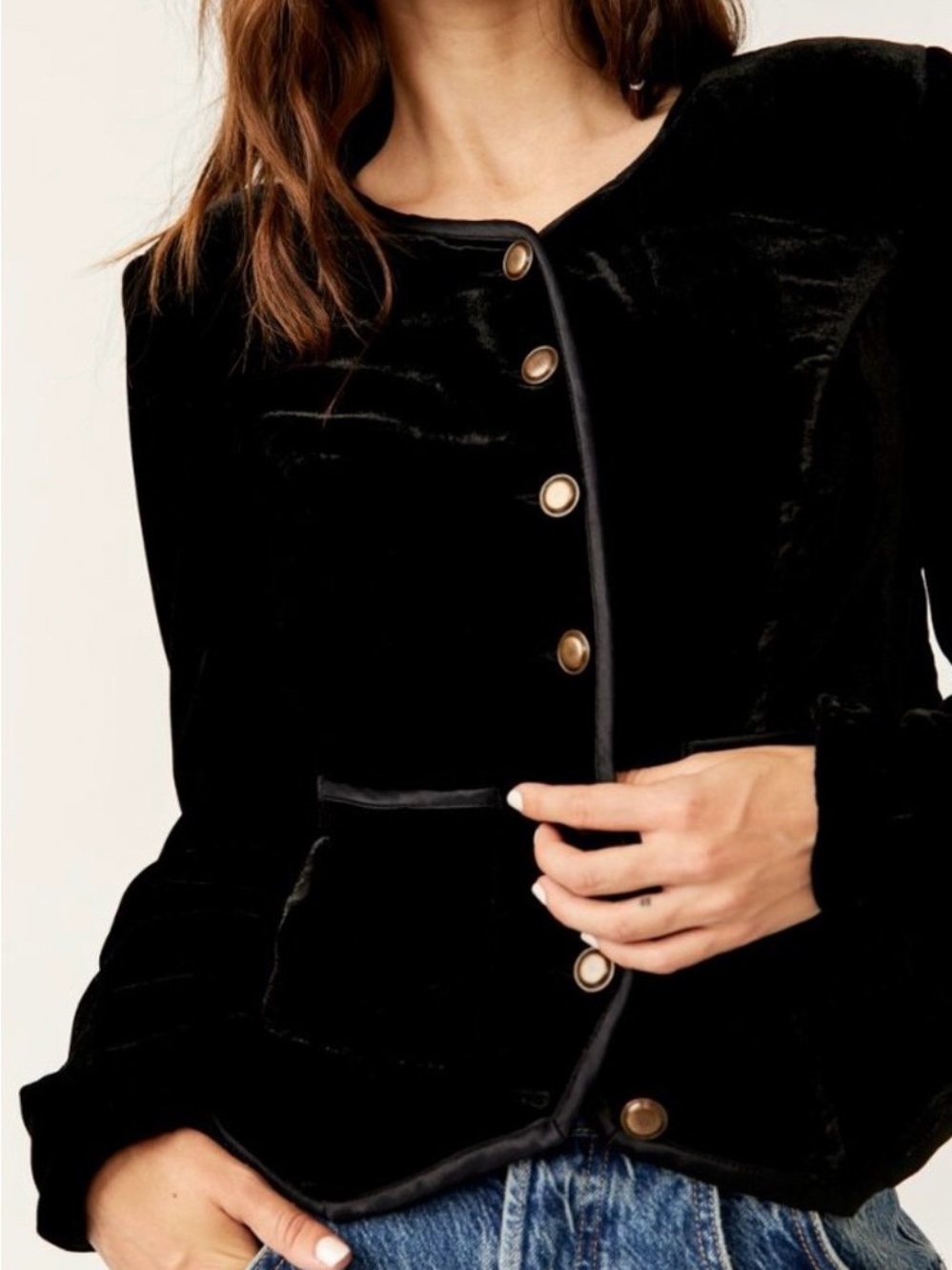Free People Becky Jacket Black Velvet Button-Front Blazer with Gold Buttons XS - Picture 10 of 13